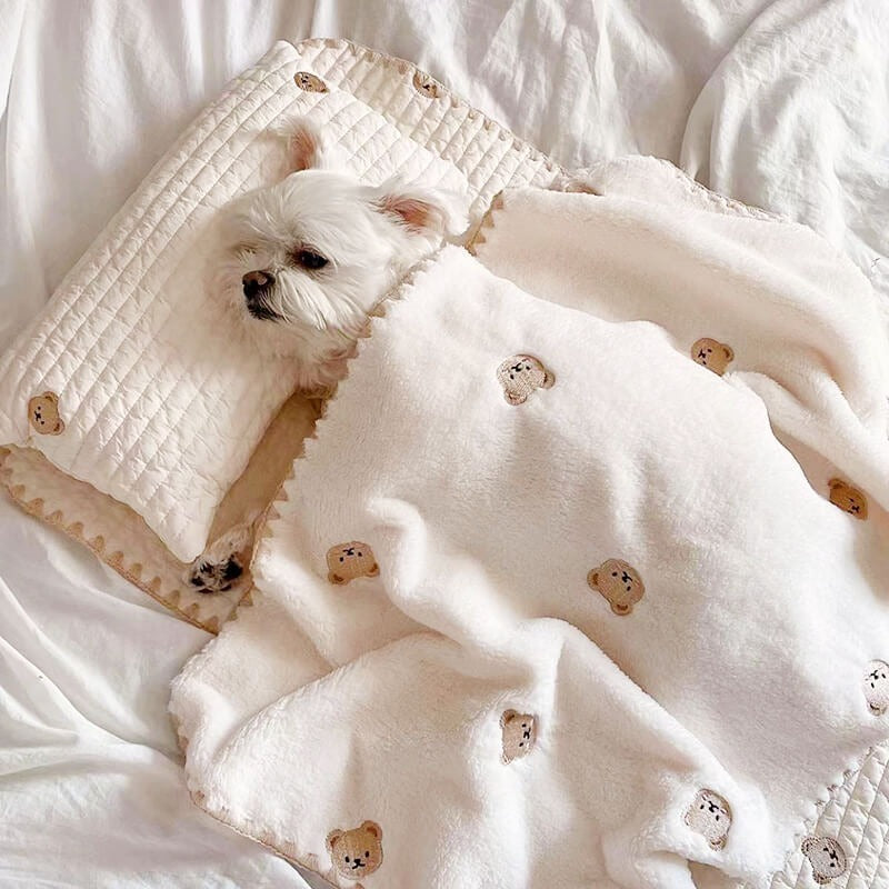Embroidered Cotton Pet Pillow Quilt Bed Set - Opulenza
