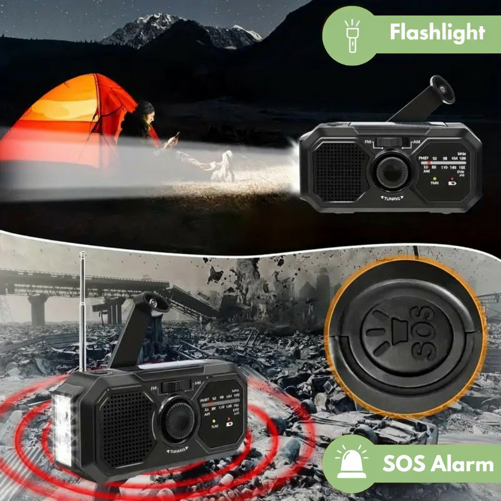 Portable Emergency Radio with Solar Charging & LED Flashlight - Opulenza