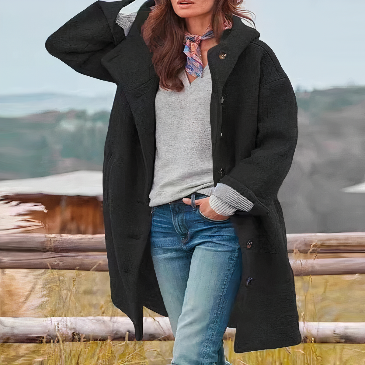 Elegant Mid-Length Coat with Hood - image 3 of 5