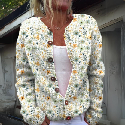 Women's Knitted Cardigan | Floral Print & Button Details - Women’s Hoodies & Sweaters