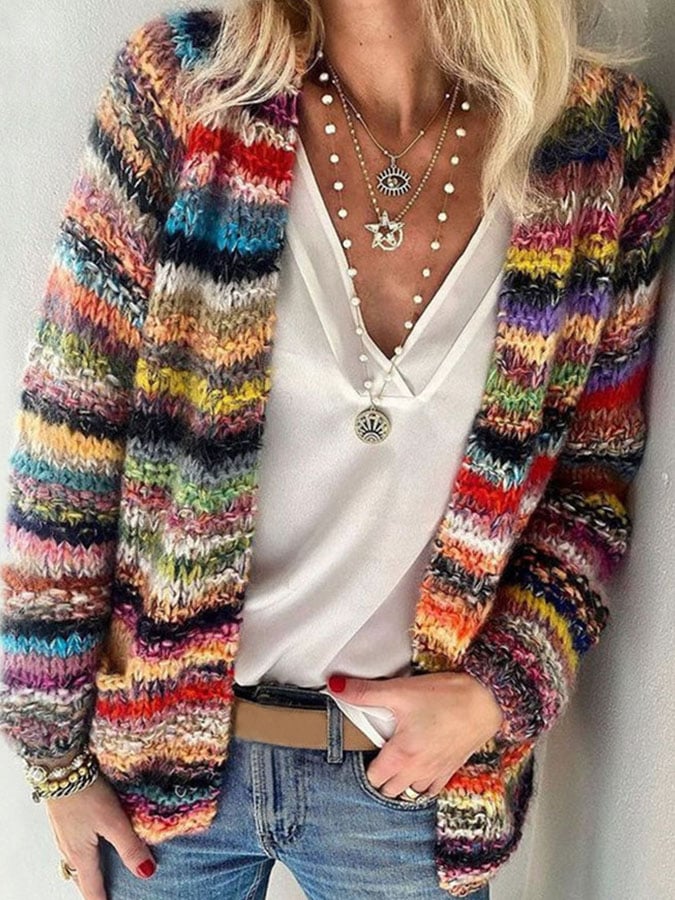 Knitted Colourful Cardigan for Women - Handmade Comfort - Women’s Hoodies & Sweaters