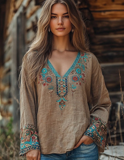 Embroidered Bohemian Blouse | V-Neck - Tops & Shirts ladies