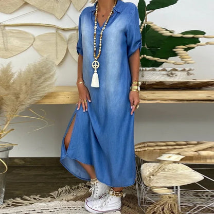 Long Denim Dress For Women - Casual & Comfortable | Blue - Dresses & Jumpsuits ladies