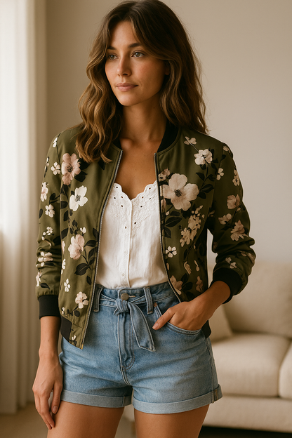 Floral Bomber Jacket - Lightweight & Stylish - Jackets ladies