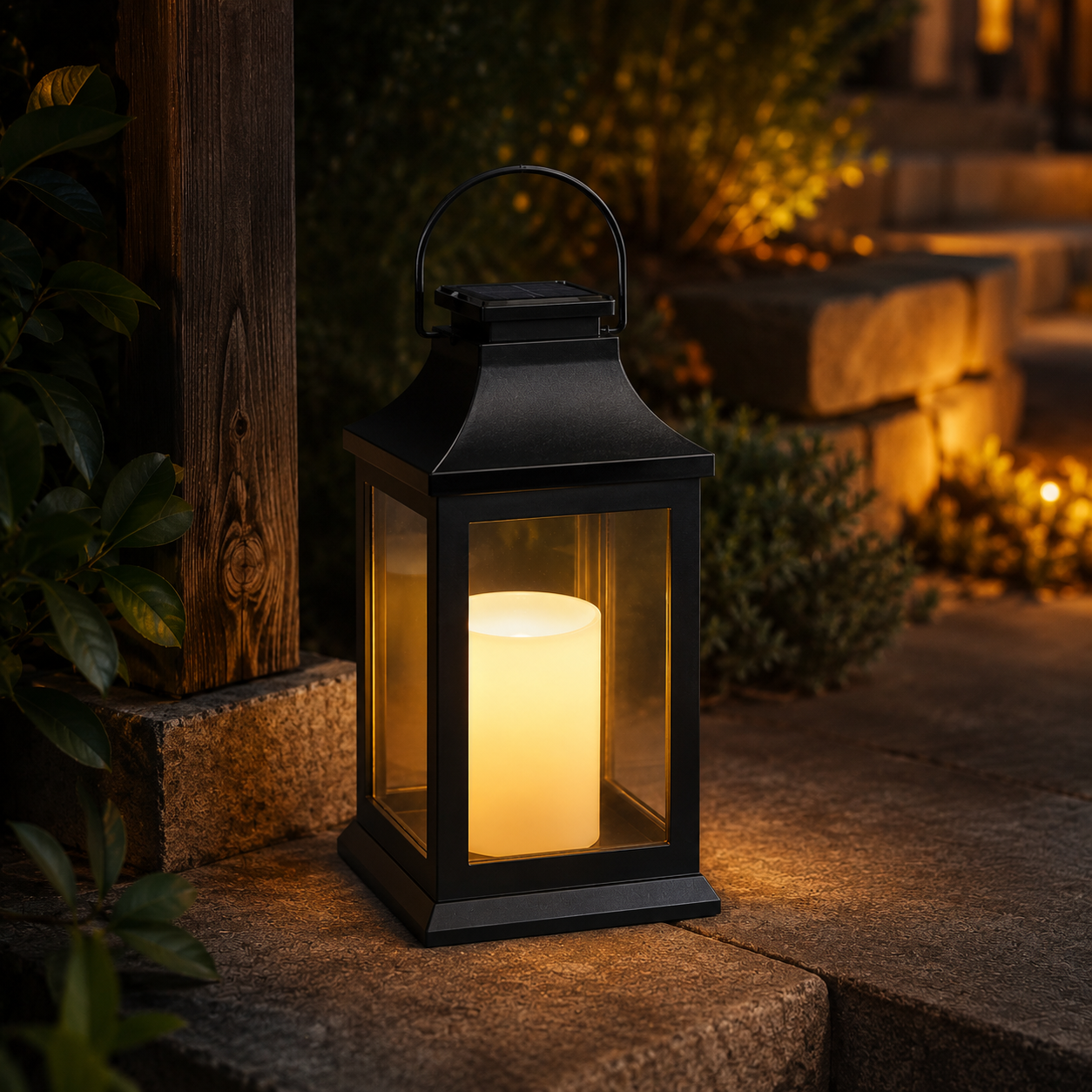 Black solar lantern outdoor light glowing in garden patio at night - image 2