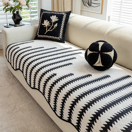 Modern Chevron Stripes Chenille Couch Cover with Wavy Edges - Opulenza
