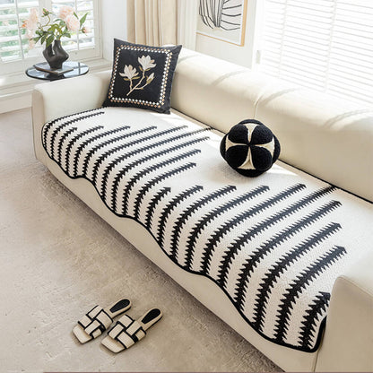 Modern Chevron Stripes Chenille Couch Cover with Wavy Edges - Opulenza