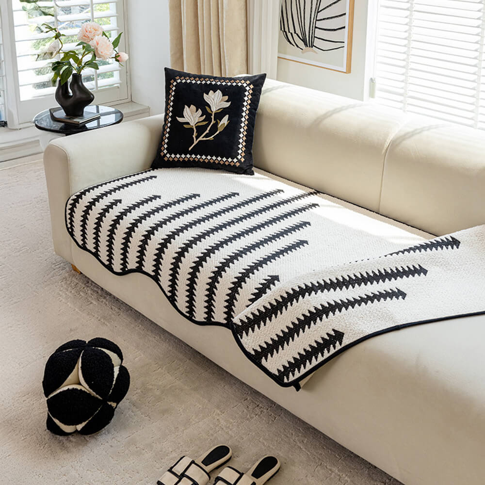 Modern Chevron Stripes Chenille Couch Cover with Wavy Edges - Opulenza