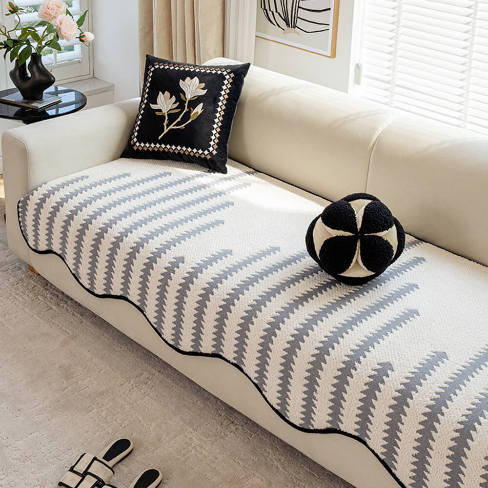 Modern Chevron Stripes Chenille Couch Cover with Wavy Edges - Opulenza