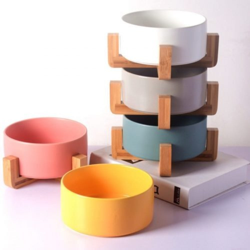 PawFeast Ceramic Dog Bowl – Stylish Dining with Wooden Stand - Opulenza