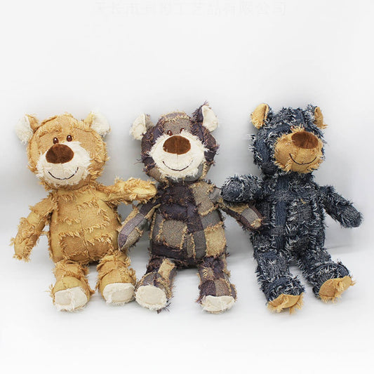 Rustic Denim Plush Bear – Durable Chewable Squeaky Dog Toy - Opulenza