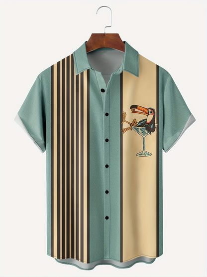 Retro Striped Short Sleeve Shirt with Print - Men - Men's Shirts & Tops