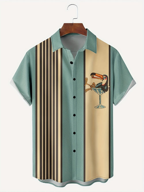 Retro Striped Short Sleeve Shirt with Print - Men - Men's Shirts & Tops