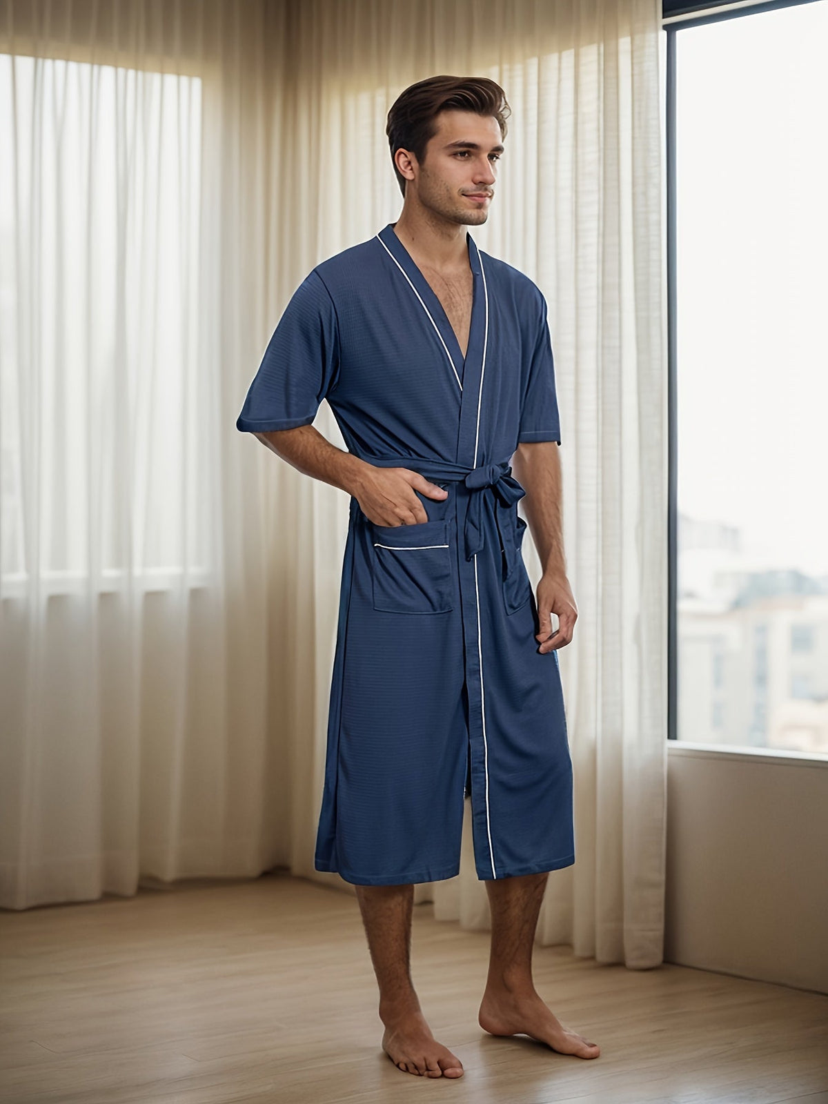 Stylish Men's Bathrobe - Short Sleeves & Double Pockets - Men’s Overalls and Rompers