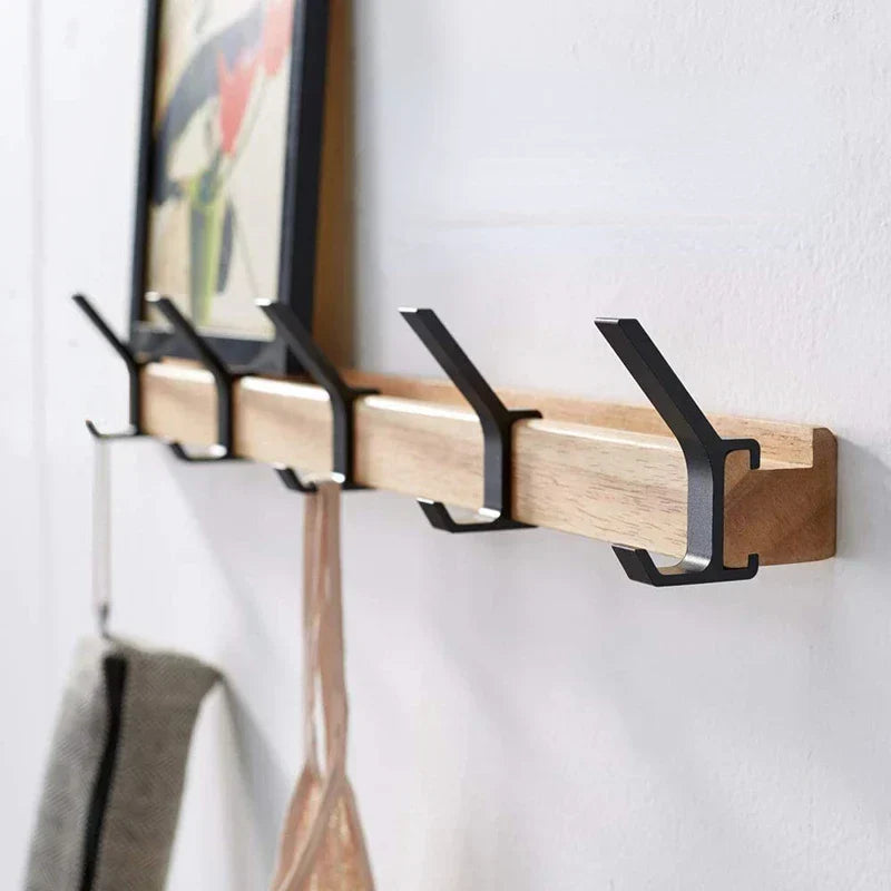 Wall Coat Rack - Movable Hooks - Black - Wood and Aluminium - Home products